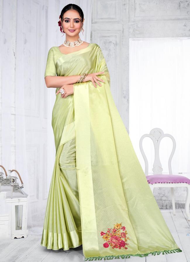 Chinon Pista Green Festival Wear Embroidery Work Saree